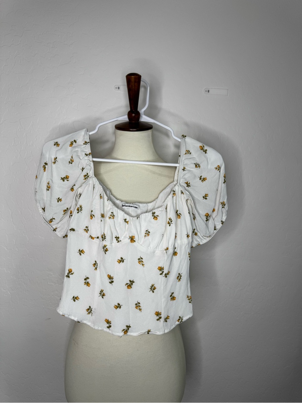 White Floral Puff Sleeve Crop Top by Reformation